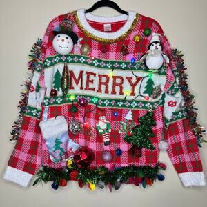 Ugly Christmas Sweater Merry LIGHTS UP Tacky Tinsel Xmas Party Winner Size Large